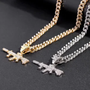 HipHop Bling AK47 Gun Pendant Necklace Women Men 13mm Cuban Miami Cuban Link Necklaces Chunky Metal Chain Rock Jewelry Wholesale