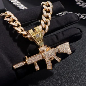 HipHop Bling AK47 Gun Pendant Necklace Women Men 13mm Cuban Miami Cuban Link Necklaces Chunky Metal Chain Rock Jewelry Wholesale