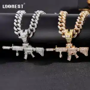 HipHop Bling AK47 Gun Pendant Necklace Women Men 13mm Cuban Miami Cuban Link Necklaces Chunky Metal Chain Rock Jewelry Wholesale