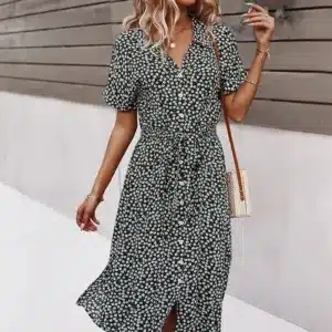 Summer Women Floral Print Dress Casual Short Sleeve Button Holiday Midi Dresses Female V-Neck Beach Boho Chic Dress Elegant Robe