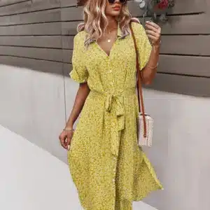 Summer Women Floral Print Dress Casual Short Sleeve Button Holiday Midi Dresses Female V-Neck Beach Boho Chic Dress Elegant Robe