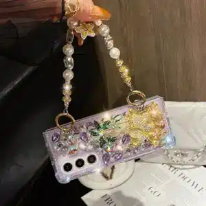 For Samsung Galaxy Z Fold 5 4 3 Luxury Cute Pearl Diamond Crystal Tree Wrist Strap Glitter Candy Wrist Phone Case Cover