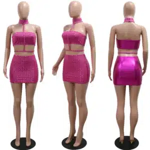 New Silvery Sexy Mini Skirt and Choker Crop Top Strapless Halter Two 2 Piece Set Women Rhinestones Night Club Birthday Outfits