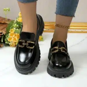 2024 Female Shoes Women Fashion Mary Janes Round Toe Flats Loafers Oxfords Platform Casual Metal Chain Buckle Ladies Heels Black