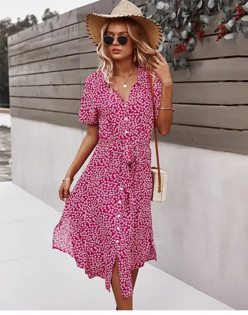 Summer Women Floral Print Dress Casual Short Sleeve Button Holiday Midi Dresses Female V Neck Beach Boho Chic Dress Elegant Robe Hacco