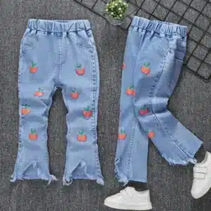 Kids Girls Denim Jeans Pants Spring Autumn Trousers Elastic Waistband Tassel Hem Bell-bottom Style Long Pants 90-130