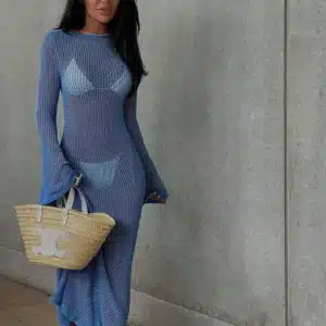 Long Sleeve Knit Beach Dress Women Sexy See Through Slim Maxi Dress Summer Elegant Solid Backless Long Dress Holiday Outfit 2024