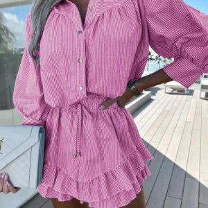 2023 New Summer Striped Sets To Dress Casual Shirts And Short Skirt Sets For Women 2 Pieces Fashion Holiday Female Outfits