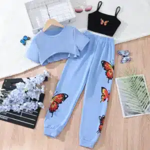 2024 Girls Set Summer Children 3 Pce Suit vest + High waisted T-shirt + Butterfly Pants Big Kids Girl Clothes 8 9 10 11 12 Years