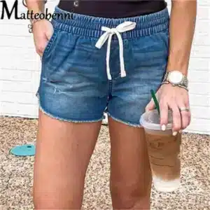 Women Mid Waist Lace Up Short Jeans Summer Fashion Sexy Ripped Denim Shorts Casual Elastic Waist Vintage Thin Shorts Streetwear