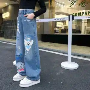 Jeans for Girls 2024 New Fashion Cartoon Printed Long Denim Trousers Teens Kids Cute Dog Pattern Wide Leg Pants 5 7 9 11 13 14Y