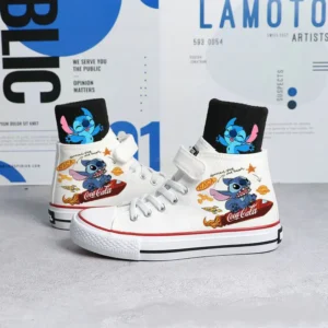 Disney Children White High Top Shoes Lilo & Stitch Kids Canvas Shoes Cartoon Sneakers Girls Boys Casual Tennis Sending Socks