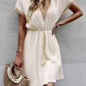 Elegant Women's White Dresses 2023 Summer Solid Short Sleeve Lace V-Neck Waistband Female Beach Midi Dress S-XXXL