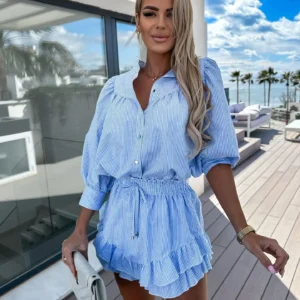 2023 New Summer Striped Sets To Dress Casual Shirts And Short Skirt Sets For Women 2 Pieces Fashion Holiday Female Outfits