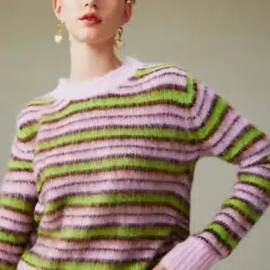 Women Soft Striped Round-neck Sweater 2023 Autumn New In Pink Thin Pullover Korean Fashion High Street