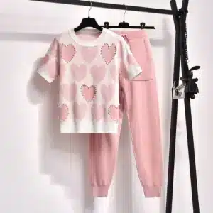 Women Short Sleeve Beading Knitwear Tee Tops Conjunto Korean Love Printed Knit 2 Piece Set 90cm Jogging Malhas Pants Casual Suit