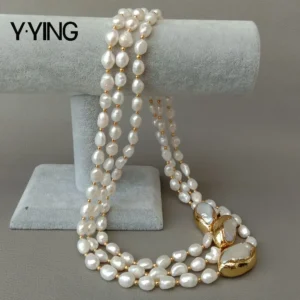 Y·YING 20" 3 rows Cultured Baroque Pearl Necklace Keshi Pearl Gold color Plated Connector chokers luxury wedding for women