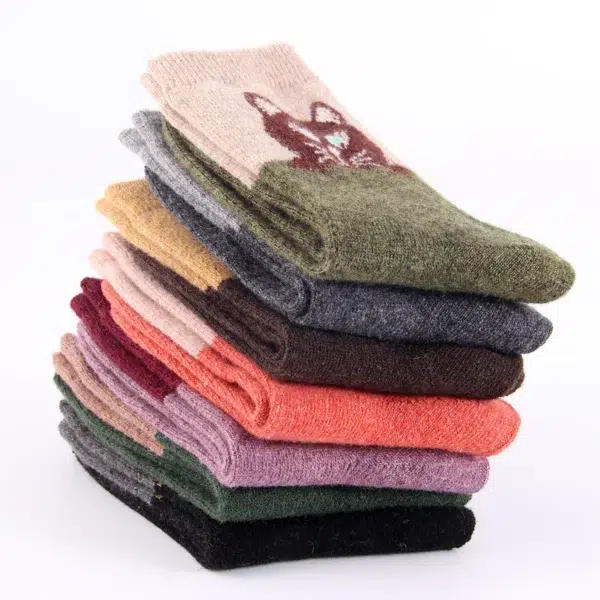 5 Pairs Winter Women Wool Socks Vintage Animal Cat Pattern Warm Socks Thick Cozy Knit Casual Mid Tube Boot Socks - Image 6