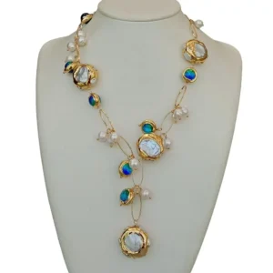 YYGEM Blue Murano Glass Freshwater Cultured White Keshi Pearl Gold Filled Chain Necklace 21"