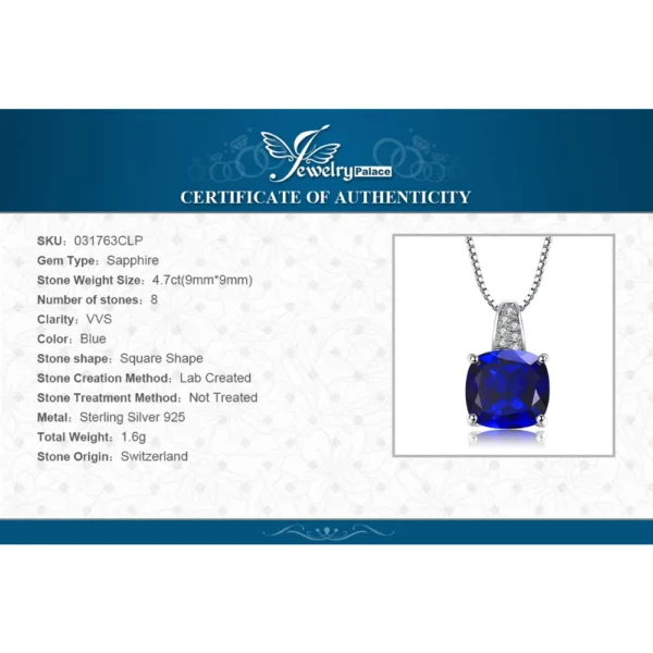 JewelryPalace Cushion 4.7ct Created Blue Sapphire 925 Sterling Silver Pendant Necklace for Women Gemstone Choker No Chain - Image 6