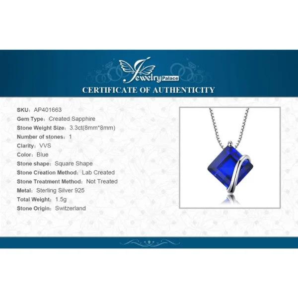 JewelryPalace 3.3ct Square Created Blue Sapphire 925 Sterling Silver Pendant Necklace for Women Gemstone Fine Jewerly No Chain - Image 6