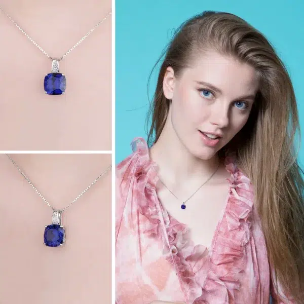 JewelryPalace Cushion 4.7ct Created Blue Sapphire 925 Sterling Silver Pendant Necklace for Women Gemstone Choker No Chain - Image 3