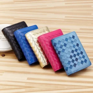 New Fashion Lambskin Genuine Leather Men Business Card Holder Knitting Pattern Credit Card Case Wallet With Coin Bag For Women