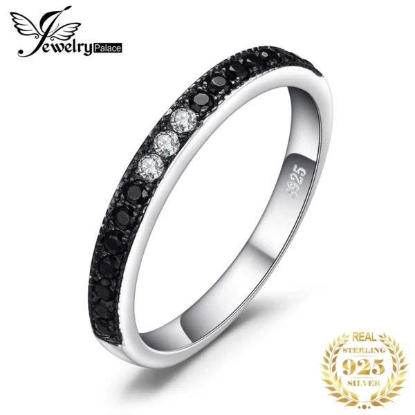 JewelryPalace Natural Black Spinel 925 Sterling Silver Band Wedding Engagement Ring for Women Gift Stackable Jewelry New Arrival