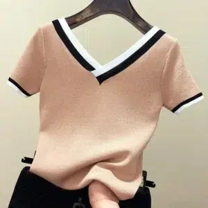 V-Neck Ladies Pullover Sweater Knitted 2024 Summer Short Sleeve Contrast Color Striped Fashion Slim Women Clothes Pull Femme