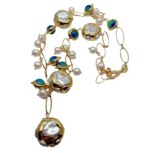 YYGEM Blue Murano Glass Freshwater Cultured White Keshi Pearl Gold Filled Chain Necklace 21"