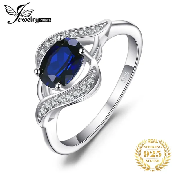 Jewelrypalace Created Blue Sapphire 925 Sterling Silver Ring for Women Statement Halo Engagement Ring Oval Gemstone Jewelry