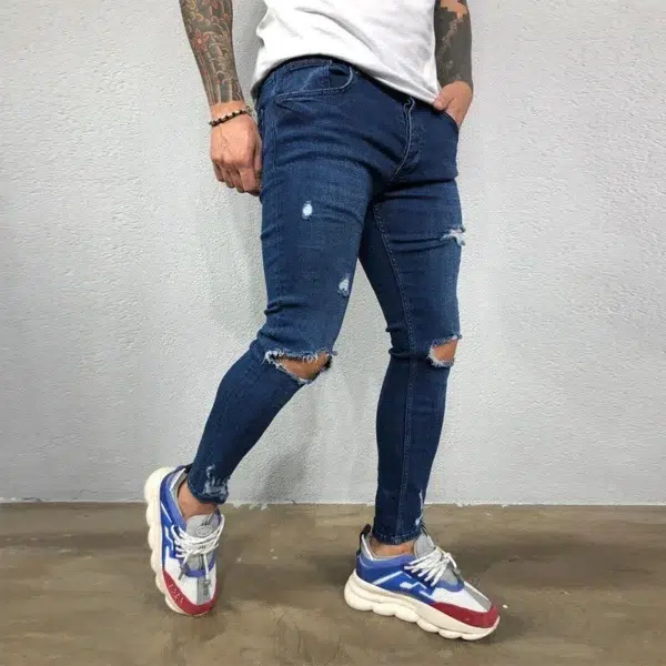 Men Jeans Knee Hole Ripped Stretch Skinny Denim Pants Solid Color Black Blue Autumn Summer Hip-Hop Style Slim Fit Trousers S-4XL - Image 3