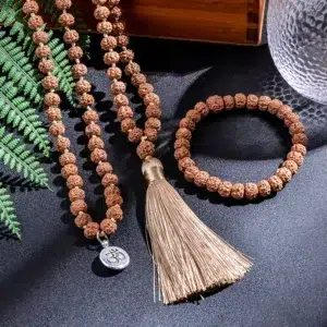 7-8mm Original Rudraksha Beaded Knotted Japamala Necklace Bracelet Set Meditation Yoga Blessing Jewelry 108 Mala Rosary