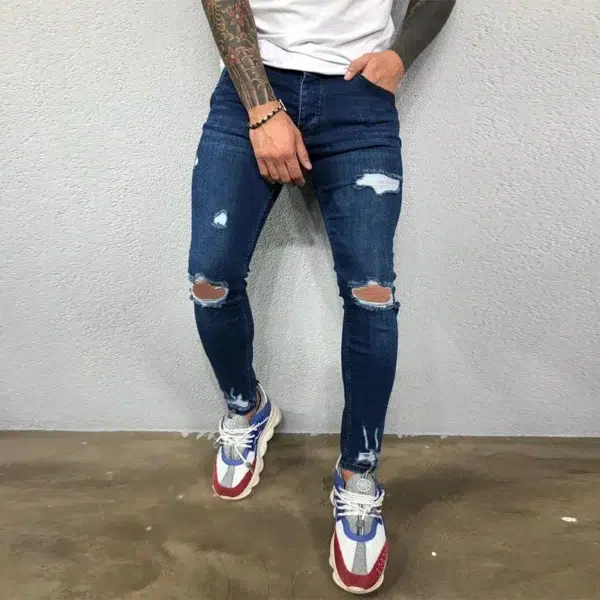 Men Jeans Knee Hole Ripped Stretch Skinny Denim Pants Solid Color Black Blue Autumn Summer Hip-Hop Style Slim Fit Trousers S-4XL - Image 2