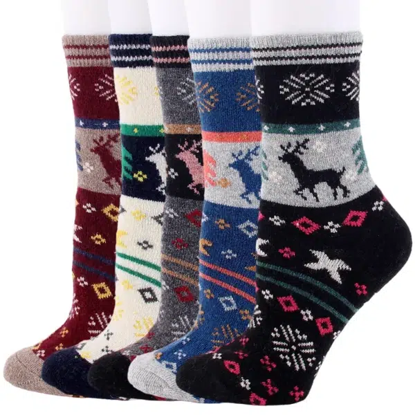 5 Pairs Winter Women Wool Socks Vintage Animal Cat Pattern Warm Socks Thick Cozy Knit Casual Mid Tube Boot Socks - Image 4