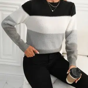 Women Knitted Sweater Soft Contrast Color Pullovers Basic Sweaters Casual Fashion Autumn Winter Women's Clothing Trend 2024