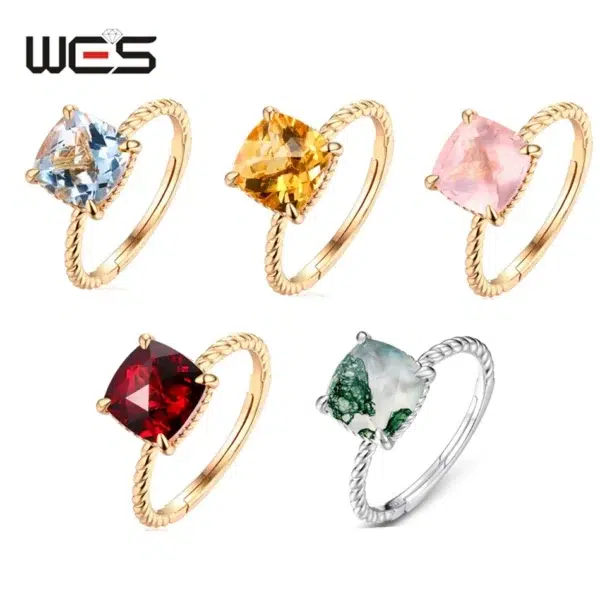 WES 925 Sterling Silver Natural Gemstone Open Rings for Woman 8*8mm Garnet Topaz Moss Agate Citrine Rose Quartz Christmas Gift