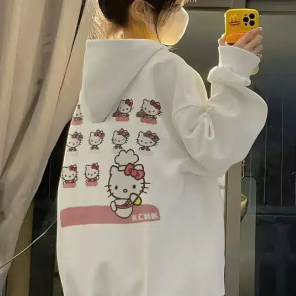 Y2K Women's Sweatshirt Cute Kawaii Sanrio Hello Kitty Pattern Hoodie Women's Korean Style Autumn and Winter New Warm Loose Top - Image 6