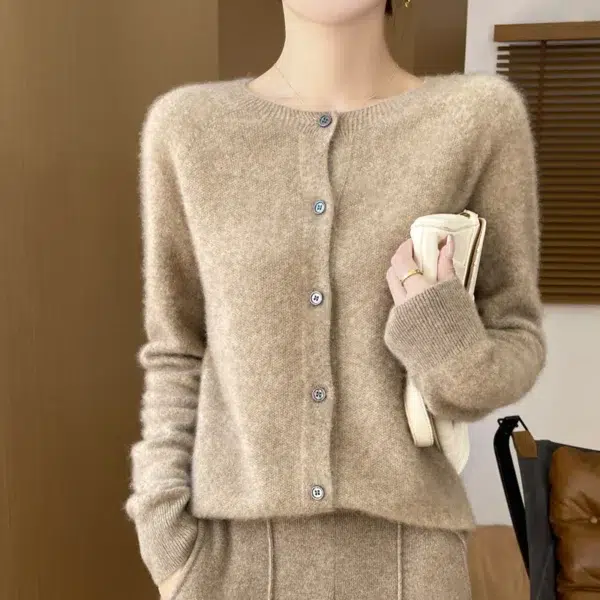 Spring Autumn New Cashmere Sweater 100% Merino Wool Knitted Cardigan Round Neck Long Sleeve Solid Color Coat Top Casual Fashion