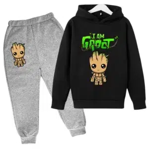 Kawaii Baby Groot Print Hoodie Children's Fashion Street Hoodie+Pants Suit Casual Jogging Sweatshirt I Am Groot Funny Cartoon G