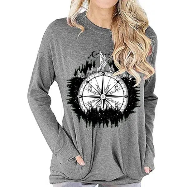 Trendy Women's Long Sleeve T-shirt Mountain Compass Graphic Tee Forests Moon Design T-shirt Female Compass Hiking Fall Clothes - Image 4