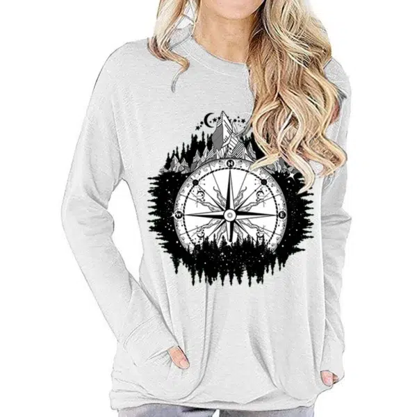 Trendy Women's Long Sleeve T-shirt Mountain Compass Graphic Tee Forests Moon Design T-shirt Female Compass Hiking Fall Clothes