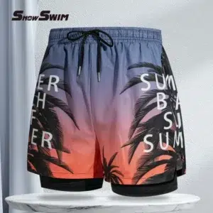 Double-layer Swim Trunks for Men Boxer Shorts Anti-embarrassment Lined with Professional Beach Pants Adult Swim Gear