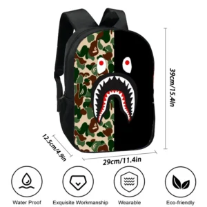 The Camouflage Shark School Backpack for Kindergarten,Cartoon School Bags for Boys Girls ,Large Capacity Children Backpack