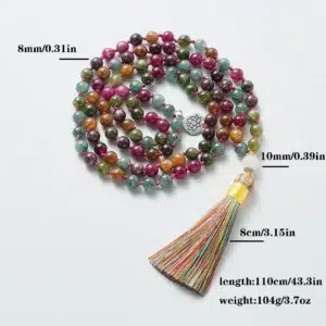 Colorful Tourmaline Beads Necklace for Men and Women, 108 Mala Beads, Meditation Prayer Jewelry, Japamala Rosary, 8mm