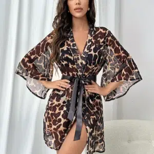 Leopard Kimono Belt Bath Robe Bridesmaid Wedding Party Long Sleeve Lingerie Sexy Nightwear Nesh Women's Sleepwear