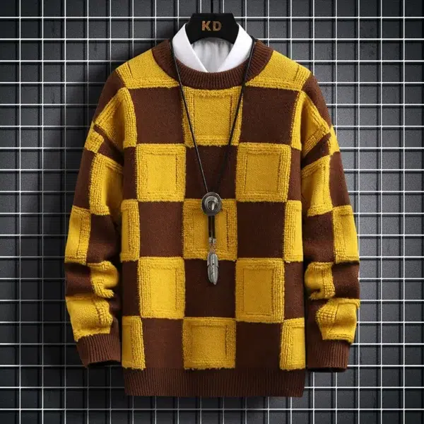 Brand Clothing Men Loose Knit Sweaters Men's High Quality Round Neck Plaid Pullover/Man Fashion Harajuku Warm Cashmere Sweaters - Image 3