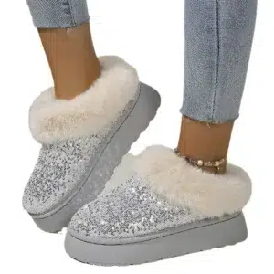 Ankle Snow Boots Women Winter 2024 New Fashion Shiny Fur Short Plush Warm Flats Slippers Platform Shoes Indoor Cotton Flip-Flops