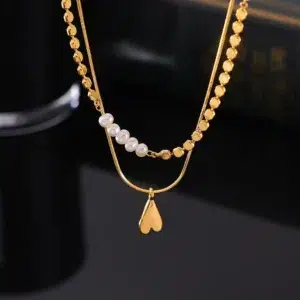 Natural Freshwater Pearl Necklace Women's Luxury Copper Beaded Heart Pendant Double Layer Aesthetic Necklace Female Jewelry Gift