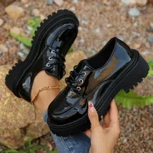 Women's Patent Leather Platform Loafers Round Toe Lace Up Flats Shoes Woman Spring Autumn Non Slip Black Oxfords Shoes Plus Size